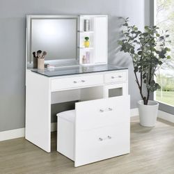 2-drawer Vanity Table Set LED Mirror and Stool White High Gloss,We offer interest-free financing