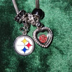 Pittsburgh Steelers Custom Made Necklace With Pandora Fire Fighters (Wife/Girlfriend/Widow) Charm