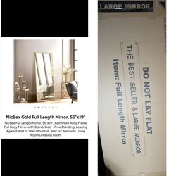 Brand New.  Full Length Mirror with Gold Rim,  56"Lx19"W, Tempered Glass 
