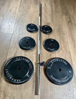 BRAND NEW 5 ft Silver Standard Bar & VINTAGE Weight Plates: 25s, 10s And 5s. (Total: 97 lbs)