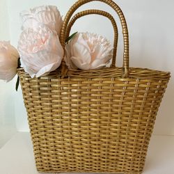 Vintage Handmade Plastic Wicker Basket Tote