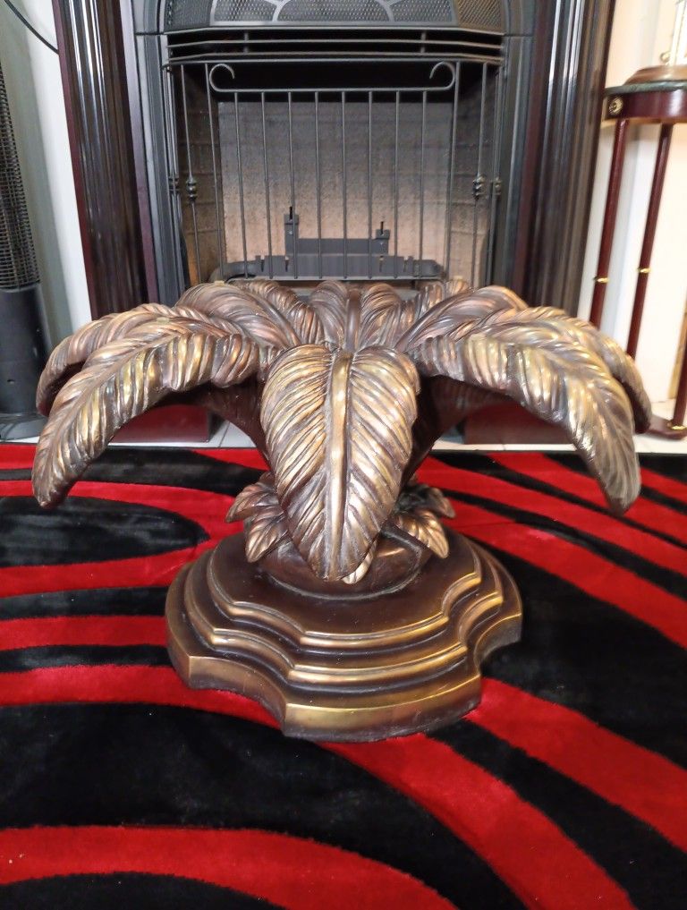 Vintage Handcrafted Brass Palm Leaf Sculpture Base 15"x28" Wood & Brass