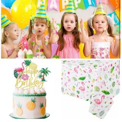 Flamingo Happy Birthday Cake Topper & Tablecloth Bundle NEW