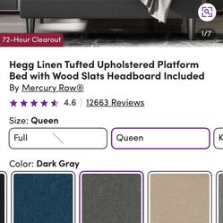 Queen Platform Bed Frame – Dark Gray Tufted | $75 OBO | Must Go by April 3rd!