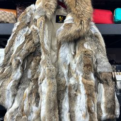 Women's Genuine Rabbit Fur Coat with Raccoon Fur Trim Hood Winter Fur Jacket