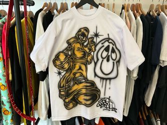 Big Skull Custom Airbrush Pro Club Heavy Weight T-Shirt White Size L Hooded Graffiti Skull Graphic