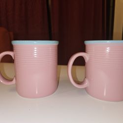 Pair of Vintage Sango Innovations Pink 781 Coffee Mugs - Pink/Light Blue - Japan