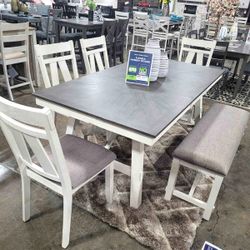 Modern Farmhouse 6-Piece Dining Set with Trestle Table, Chairs & Bench