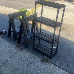 Plastic Saw Horses And Portable Shelves 