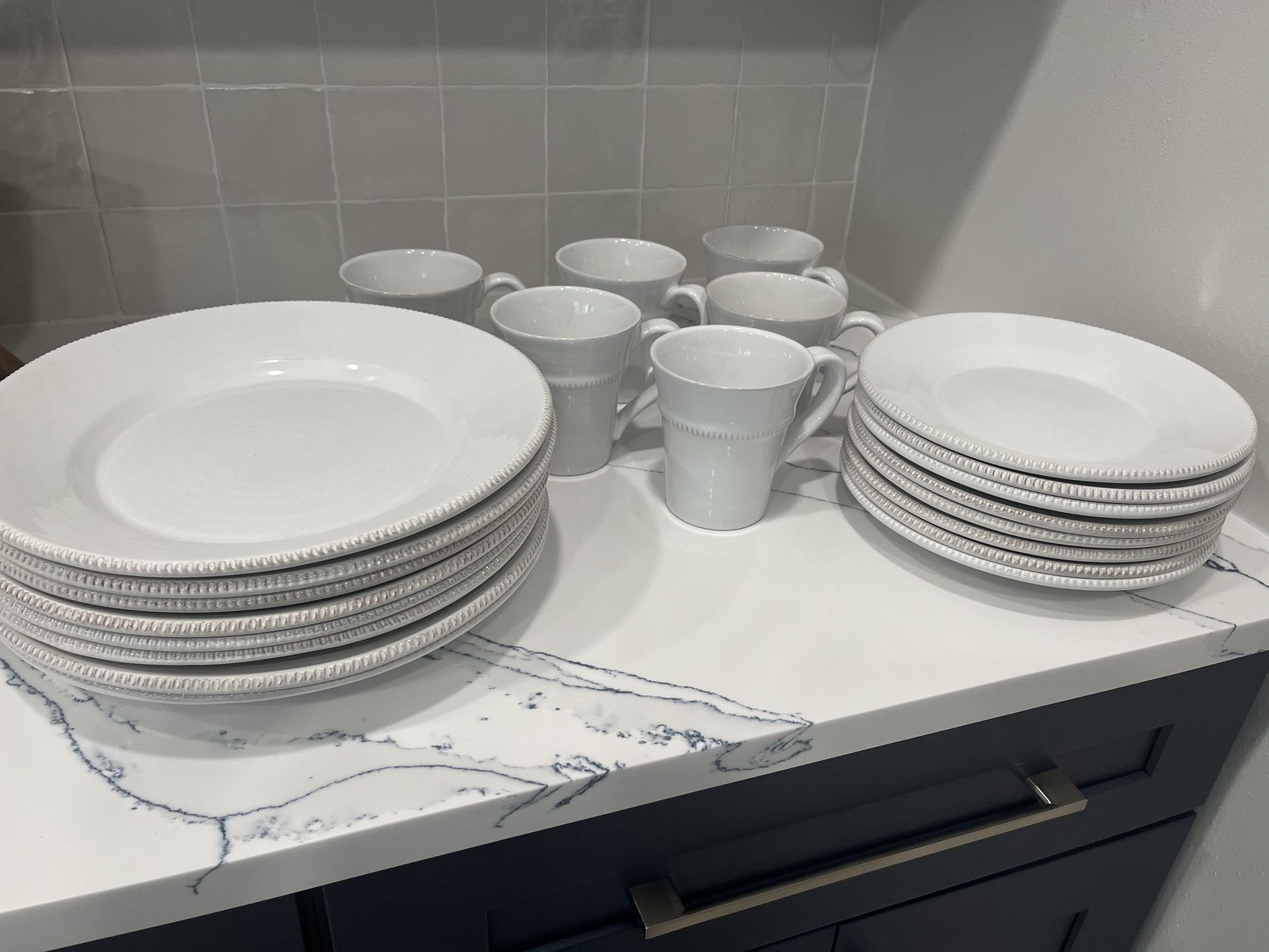 Pottery Barn Gabriella Set Of Dinner Plates, Salad Plates and Coffee Mugs