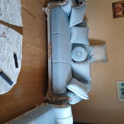 Turquoise Sofa And Love Seat, 9 Cushions 