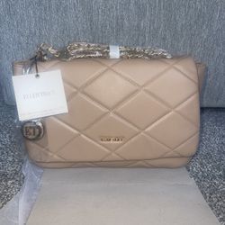 ELLEN TRACY Purse Beige Smooth Diamond Quilted Top Flap Satchel Tote Adjustable 