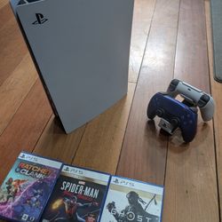 Playstation 5 Disc Edition With Two Controllers, Charging Dock, And Three Games