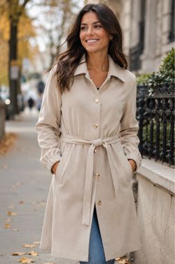 Alice Blue Beige Faux Suede Belted Long Coat – Size M – Elegant Trench Style