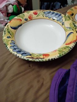Dansk Fall Harvest 13.5" Pasta Serving Bowl Italy Ceramic Fruit Yellow Rim made in Italy