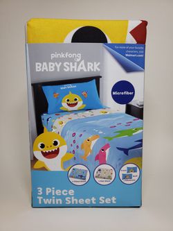PinkFong Baby Shark Kids Twin Bedding, Flat & Fitted Sheets, 3 Piece Microfiber Bed Set
