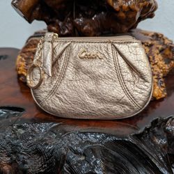 Coach Platinum Metallic Coin ID Card Case Key Ring Leather Wallet.