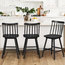 LUE BONA 360° Swivel Bar Stools Set of 3, Black Windsor Barstools, Counter Height Barstool with Spindle Back, 24 inch Farmhouse Wooden Counter Stools 