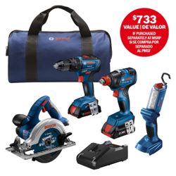 18-volt 4-Tool Brushless Power Tool Combo Kit with Soft Case (2-Bosch-Bulldog-Xtreme-8-Amp-1-in-Corded-Variable-Speed-SDS-Plus-Concrete-Masonry-Rotary