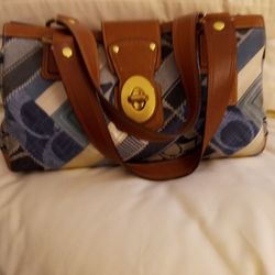 Unique Patchwork Material, And Leather Coach Bag.