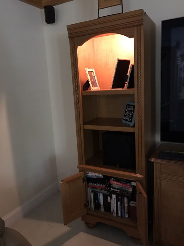 2 bookshelves with cut outs for media and lights.