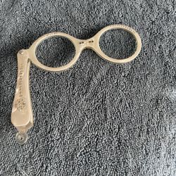 Vintage Folding Lorgnette Glasses with Handle, Cream Plastic Rhinestone Decor, Opera Glasses Style