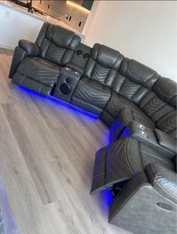 🔥 Leather Power Reclining Sectional with LED Lights, Bluetooth Speakers & Cup Holders 🔥 $1799