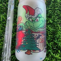 Grinch Frosted Glass Can 