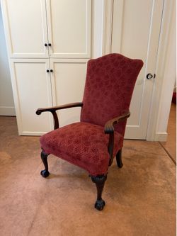 Antique Red Armchair Carved Wood Arms Claw Feet