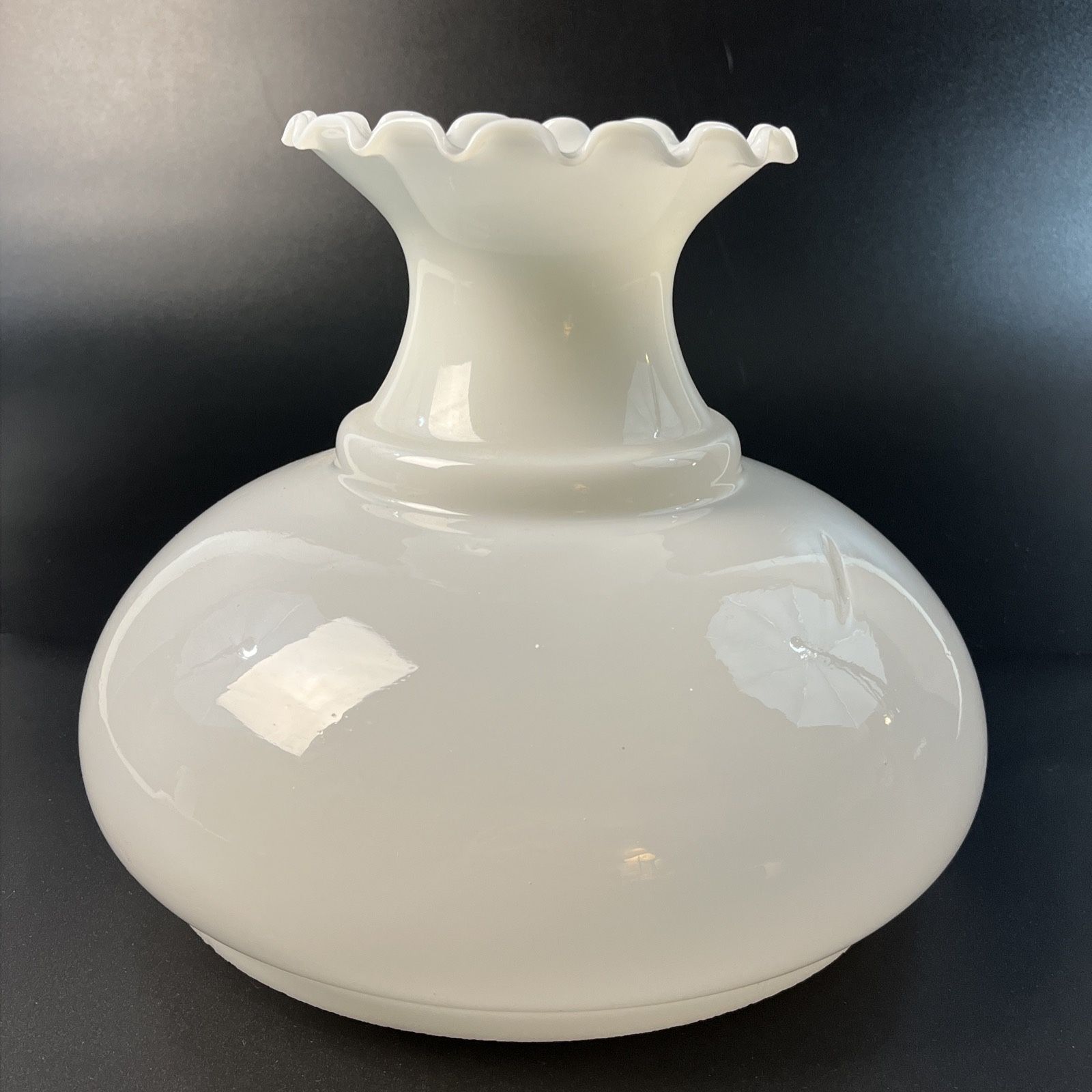Vtg 9 3/4" Fitter White Milk Glass Aladdin Oil Lamp Shade Large Ruffled Top Rayo Glass does have crease which is pictured, it is not a chip or crack