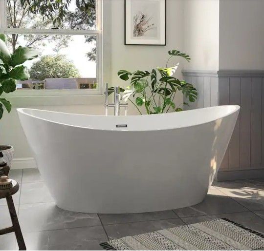 59 in. Free Standing Bathtub Streamline Stand Alone Flatbottom Acrylic Deep Soaking SPA Tubs for Adults in White