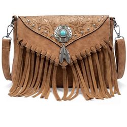 NEW Western Fringed Brown with Turquoise Crossbody Bag