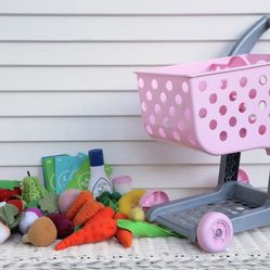 Kids Soft Play Food - Pink Shopping Cart and Produce Set- Felt Veggies, Plush Fruit, Felt Money, Ranch Dressing and Removable Coffee Cup