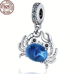 🦀 New! 925 Sterling Silver Blue Gem Crab Charm Bead w Cubic Zercon Crystals