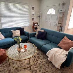 2 Piece Blue Mid-Century Modern Sofa Set