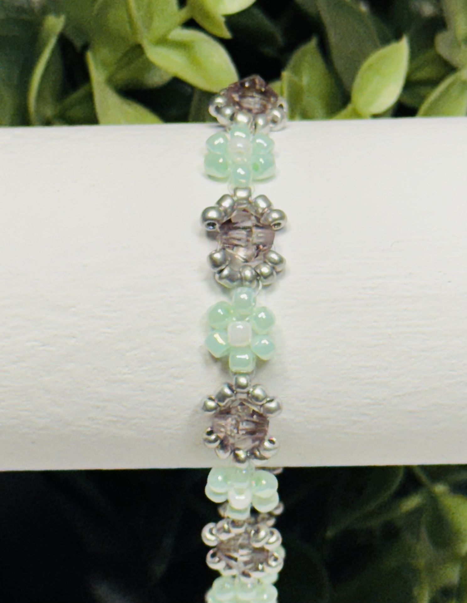 Silver and Light Green Daisy Handmade Beaded Bracelet