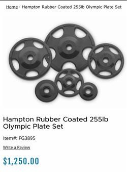 Very nice and durable Hampton Olympic grip rubber plates set. $360 Pair of 45 Pair of 35 Pair of 25 Pair of 10 Pair of 5 Hampton’s grip plates are ful