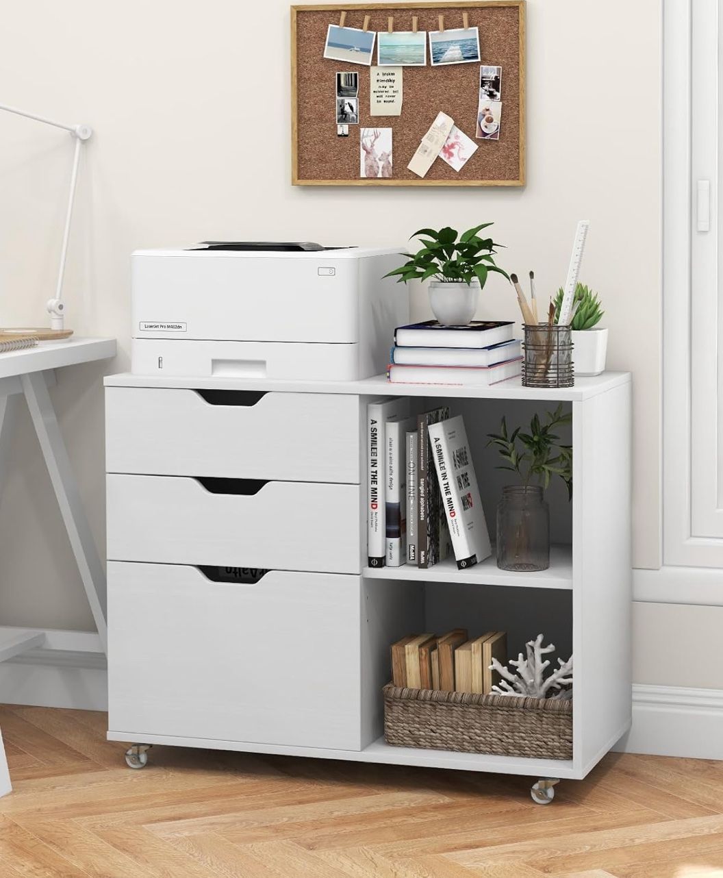 3- Drawer File Cabinet, Rolling Lateral Filming Cabinet. Under Dear Storage Organizer.