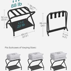 SONGMICS Luggage Racks Suitcase Stand w/ Fabric Storage Shelf Set of 2 - Matte Black