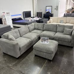 Brand New Grey Corduroy Sectional Sofa Couch With Ottoman