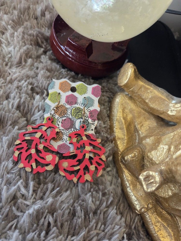 Handmade Red And Gold Hand Painted Wooden Earrings