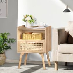 Smuxee Rattan Nightstand with Drawer – Boho Style