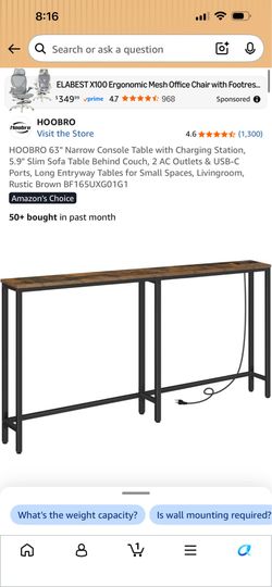 63" Narrow Console Table with Charging Station