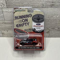 GreenLight Collectibles Running on Empty Black ‘2021 Ford Bronco Sport Rebelle Rally Winner • Die Cast Metal • Made in China Scale 1:24
