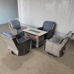 5pc Outdoor Patio Furniture Swivel Chair Set With Fire Pit Table