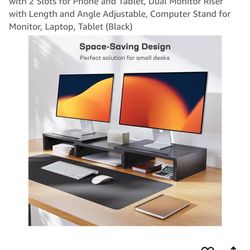 Dual Monitor Stand for Desk, Monitor Stand with 2 Slots for Phone and Tablet, Dual Monitor Riser with Length and Angle Adjustable, Computer Stand for