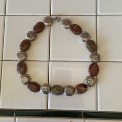 Polished Stones And Silver Toned Beaded Necklace
