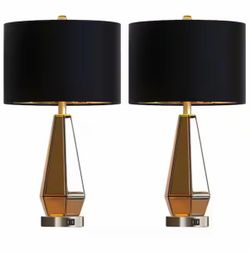 25 in. Mirrored Glass Table Lamps (Set of 2), Modern Silver Geometric Tall Bedside Lamps with USBS for Living Room Decor