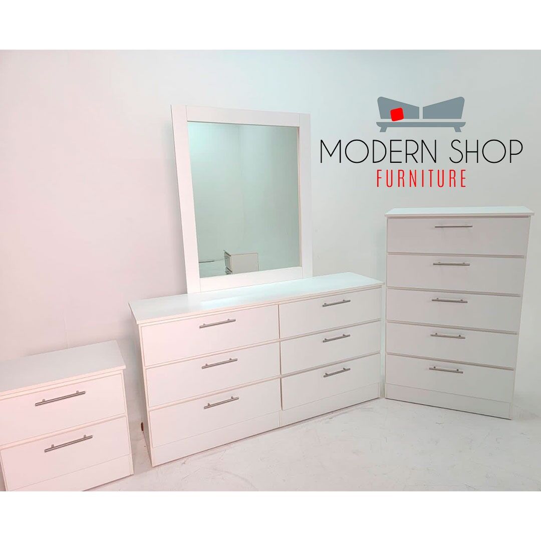 Dresser With Mirror, Chest And 1 Nightstand - Comoda Con Espejo , Gavetero Y 1 Mesita De Noche 