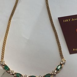 14 Kt Genuine Gold , Diamonds & Emeralds Pendant 17”